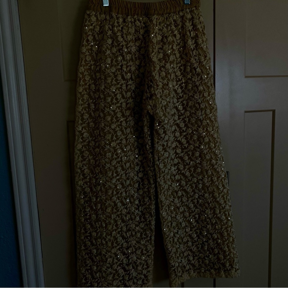 Cream Floral Lace Mesh Sequined Dressy Palazzo Wide Leg Cropped Ankle Pants S-M - Picture 10 of 10